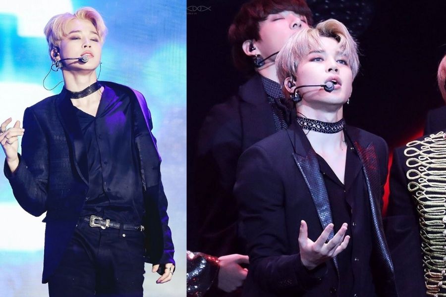 Jimin-Flashy-Choker-Necklace-and-black-button-up